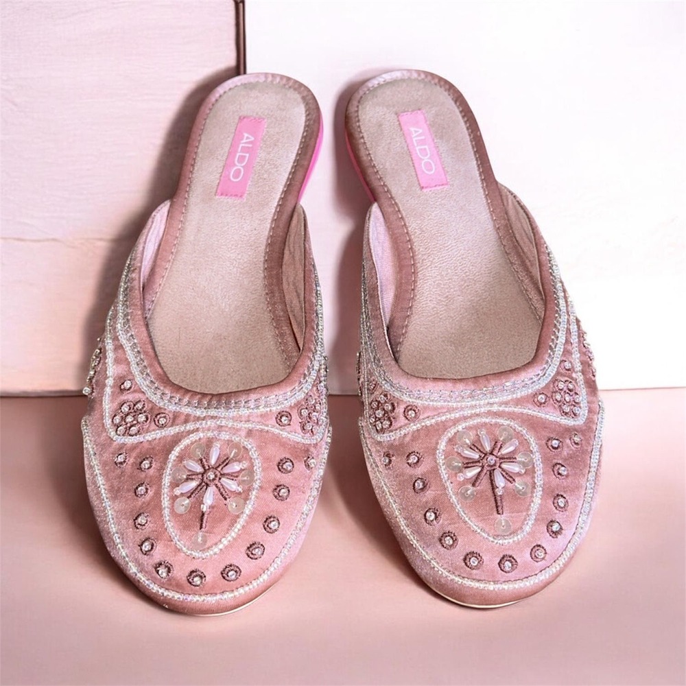 Aldo Satin Mules Women 38 Pink Excellent Beaded Embroidered Flat Y2K Boho